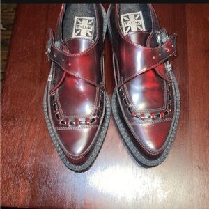 TUK burgundy rub off monk buckle creeper